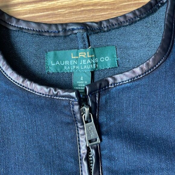Ralph Lauren LRL Full Zip Denim Jacket Sz 4 Dark Wash Blue Leather Trim NWOT - Picture 4 of 11